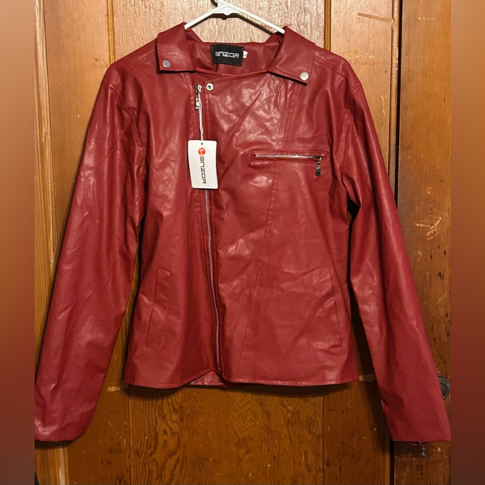 Red Asymmetrical Faux Leather Moto Jacket by SNZOR Large